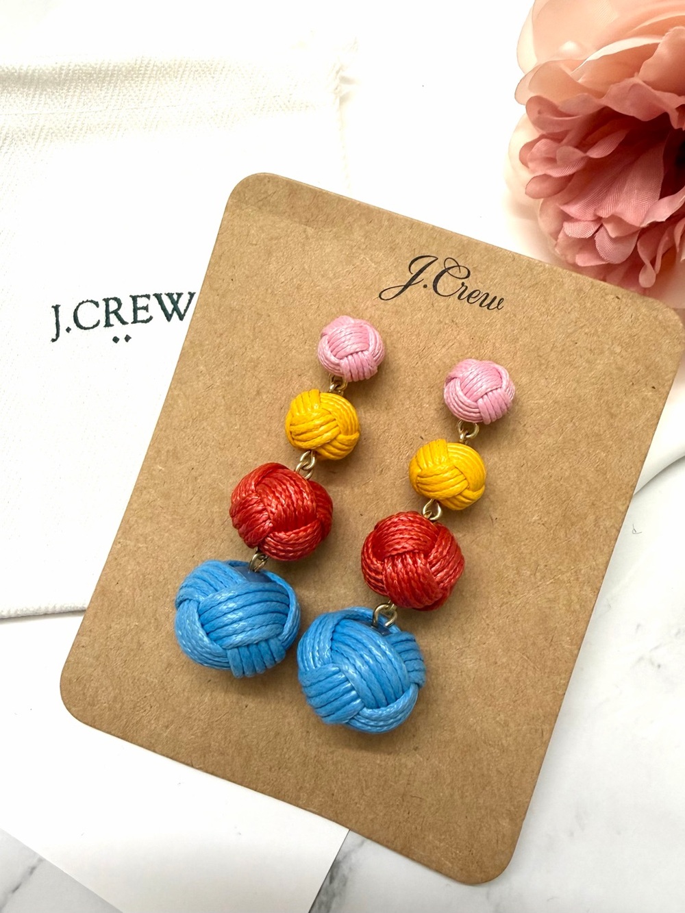 J. Crew Bright Multicolor Silk-Knot Drop Earrings - Pink, Yellow, Red, Blue